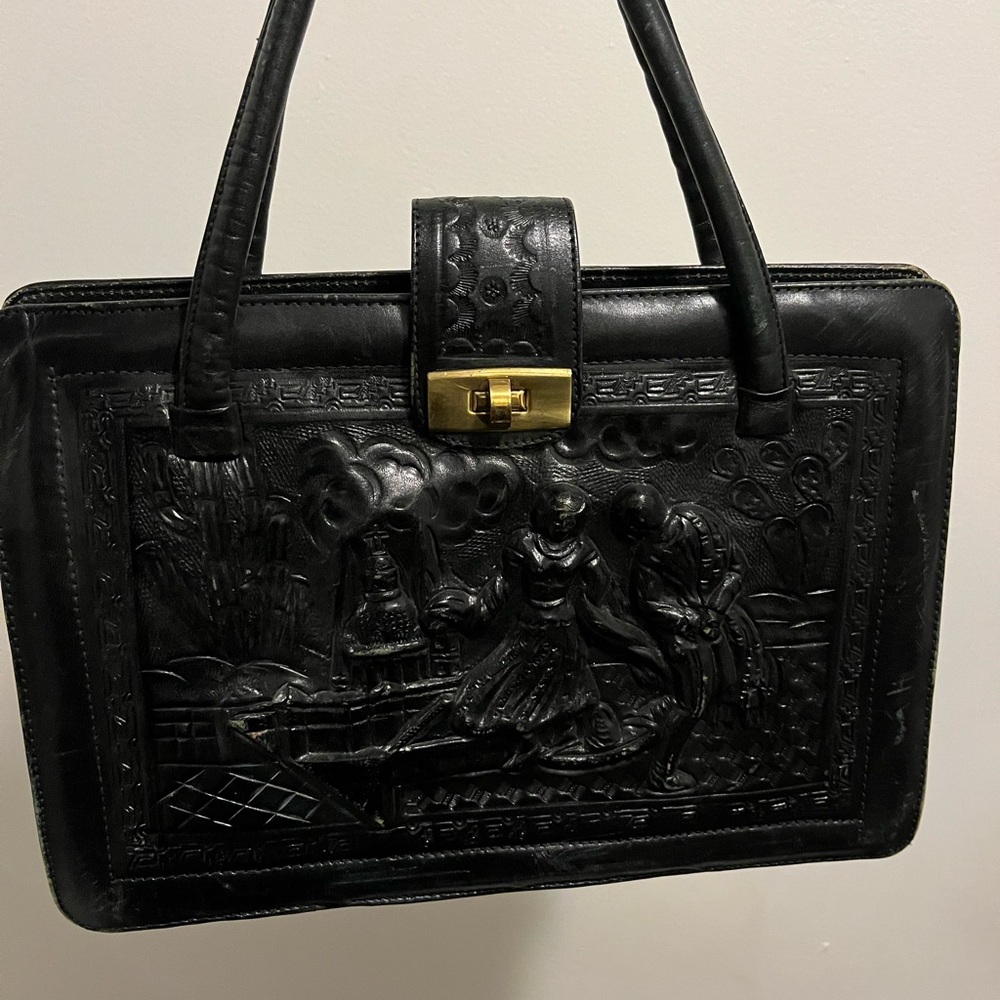 Black vintage handmade Mexican tool 3D Mayan Calendar bag